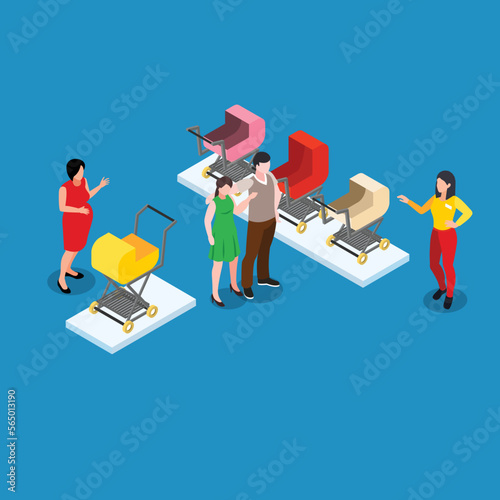 Baby stroller shopping 3d isometric vector illustration concept for banner, website, landing page, ads, flyer template