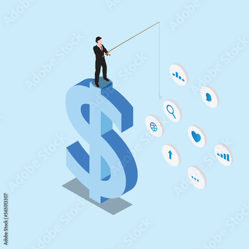 Businessman fishing standing on top of huge dollar 3d isometric vector illustration concept for banner, website, landing page, ads, flyer template
