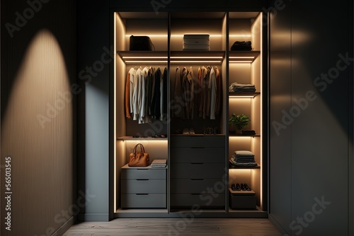  a closet with a lot of clothes and a bag on the floor and a light on the wall above it and a bag on the floor. generative ai