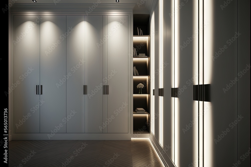 a closet with a lot of lights on the walls and a door with a light on it and a shelf with a book on it. generative ai a closet with a lot of lights on the walls and a door with a light on it and a shelf with a book on it. generative ai