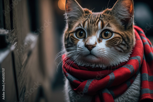 Cute cat wearing Red scarf. Generative AI.