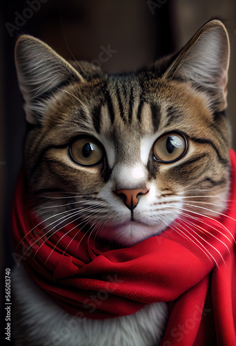 Cute cat wearing Red scarf. Generative AI. © ART IS AN EXPLOSION.