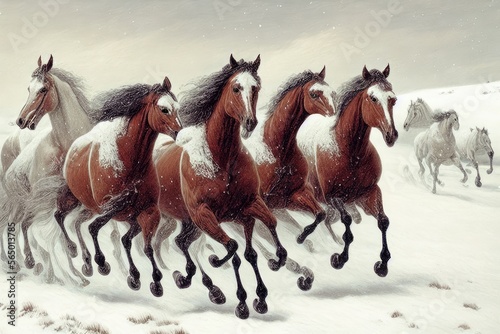 Two horses in winter. AI generated art illustration. 