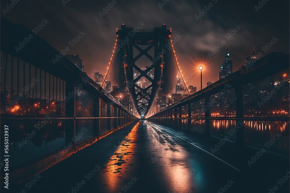  a bridge that is over a body of water at night with lights on it and a city in the background at night time, with a long exposure of rain.  generative ai