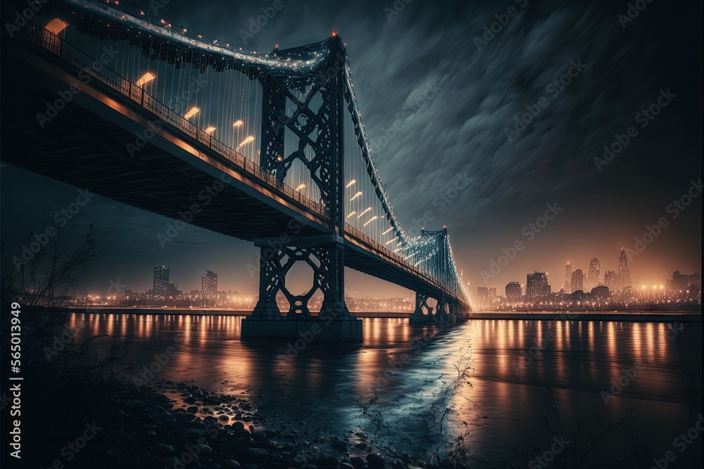 Fototapeta premium a bridge that is over a body of water at night with lights on it and a city in the background at night time with clouds. generative ai