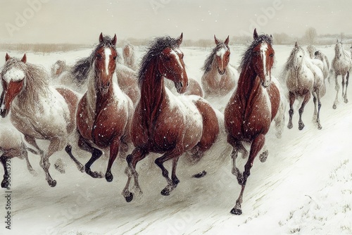 Two horses in winter. AI generated art illustration. 