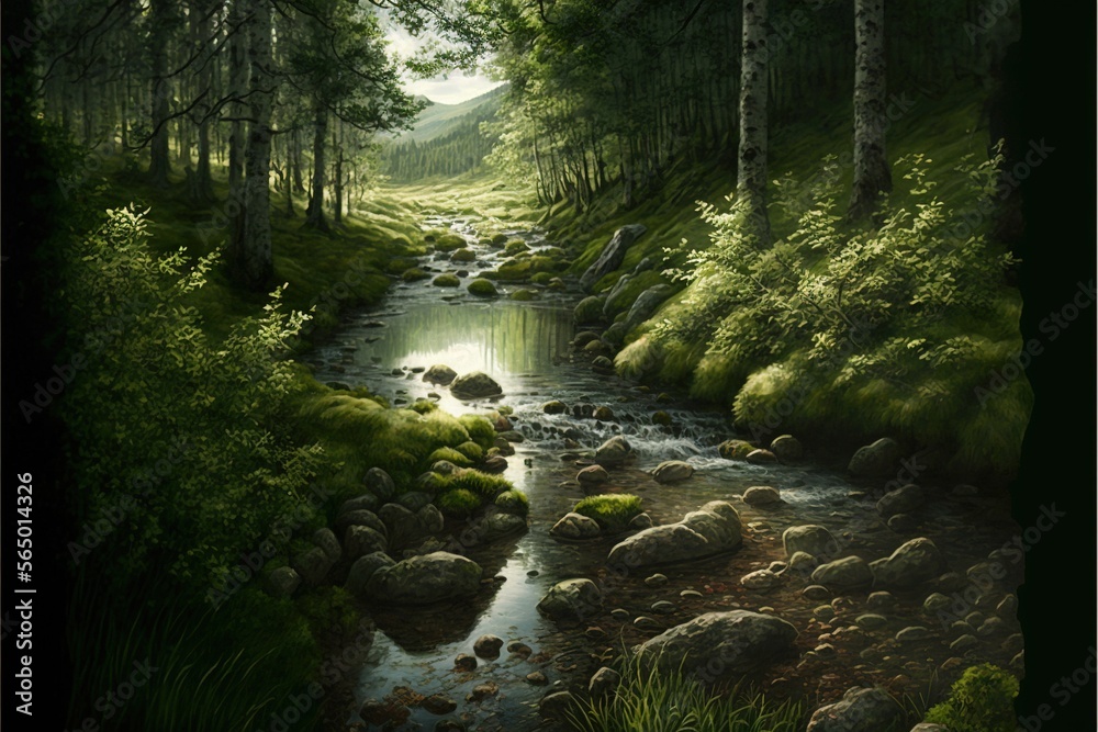 a painting of a stream in a forest with rocks and grass on the ground and trees on the side of the stream, and a few rocks on the ground.  generative ai