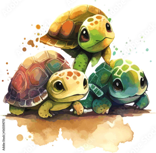 Cute watercolor turtles. Hand drawn watercolor vector drawing. Splash watercolor turtles, colored drawing, cartoon. watercolor style on white background.