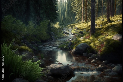  a painting of a stream in a forest with rocks and grass on the ground and trees on the other side of the stream, with a few rocks and a few bushes and grass on.  generative ai