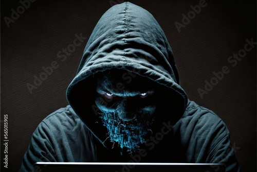 hacker in front computer with laptop, stealing information, Hacking the Internet, Dark face, Made by AI,Artificial intelligence