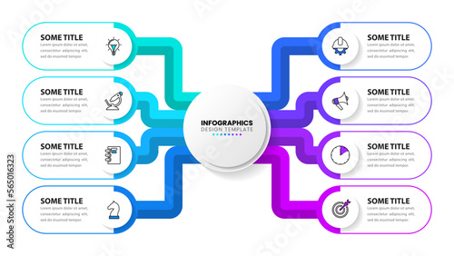 Infographic template. 8 lines with icons and text connected in the middle
