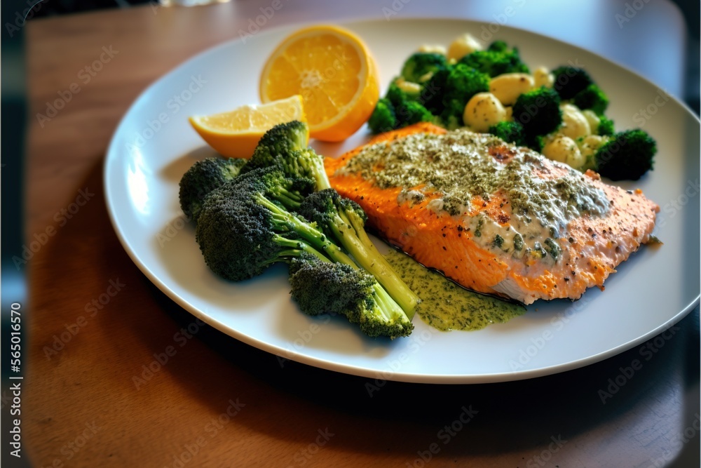 a plate of food with broccoli, lemon, and salmon on it on a table with a wooden table top and a glass. generative ai a plate of food with broccoli, lemon, and salmon on it on a table with a wooden table top and a glass. generative ai
