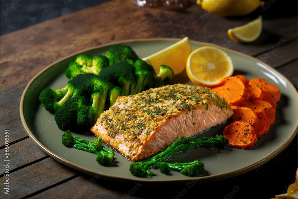  a plate of salmon, broccoli, and carrots on a table with lemons and broccoli on the side of the plate.  generative ai