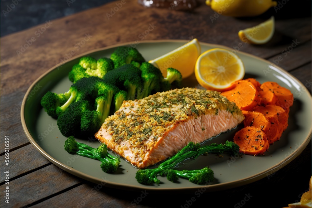 a plate of salmon, broccoli, and carrots on a table with lemons and broccoli on the side of the plate. generative ai a plate of salmon, broccoli, and carrots on a table with lemons and broccoli on the side of the plate. generative ai