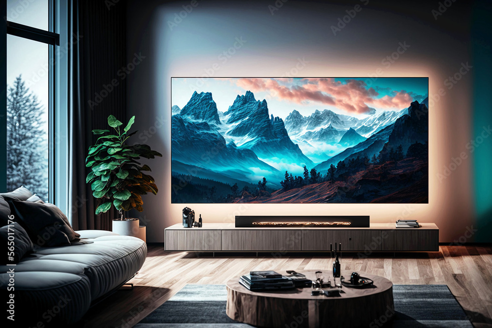 Living room with big tv screen. Generative ai. Stock Illustration