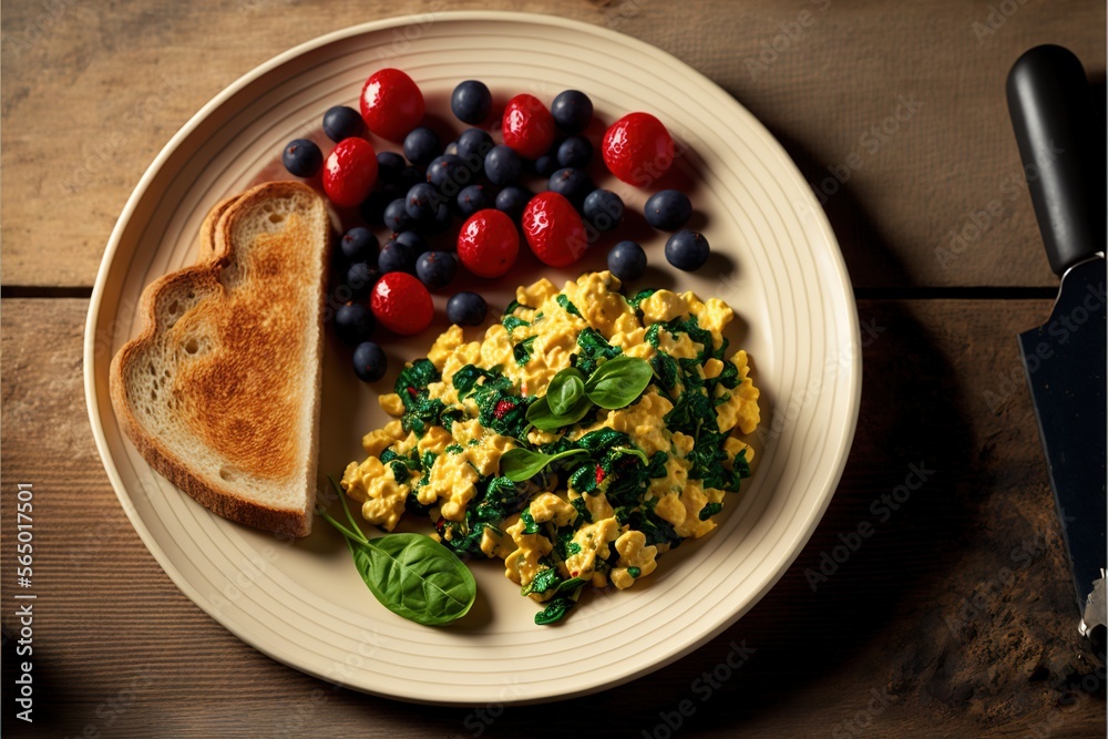 a plate of food with eggs, tomatoes, and bread on it with a knife and fork next to it on a wooden table top. generative ai a plate of food with eggs, tomatoes, and bread on it with a knife and fork next to it on a wooden table top. generative ai