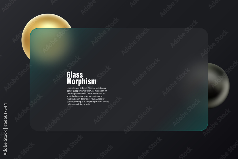 Gold and black sphere on square transparent glass with black background