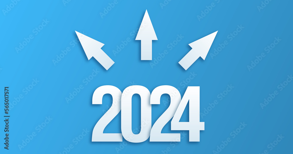 2024 year and arrows pointing in different directions on blue concept background 2024 year and arrows pointing in different directions on blue concept background