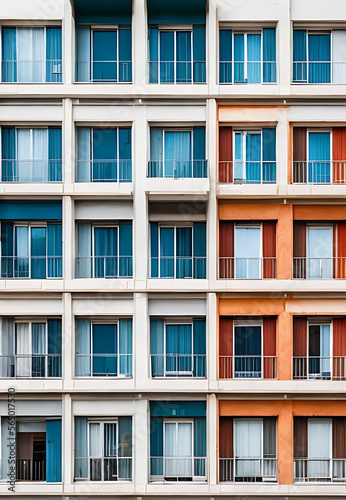 Patrón de ventanas en grandes edificios de ciudad, geometría extendiéndose verticalmente - AI Generated Art photo