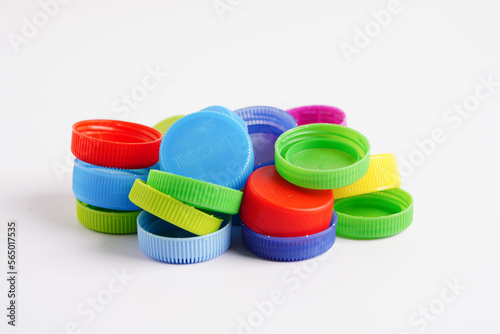 Plastic bottle caps colorful for recycle on white background.