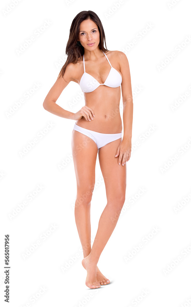 Full length shot of a beautiful brunette model in a bikini smiling and posing with her hand on her hips isolated on a PNG background. Full length shot of a beautiful brunette model in a bikini smiling and posing with her hand on her hips isolated on a PNG background.