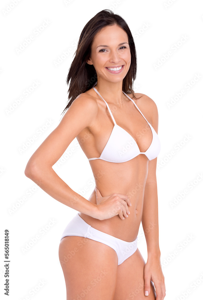 Portrait of an attractive brunette model in a bikini smiling and posing with her hand on her hips isolated on a PNG background. Portrait of an attractive brunette model in a bikini smiling and posing with her hand on her hips isolated on a PNG background.