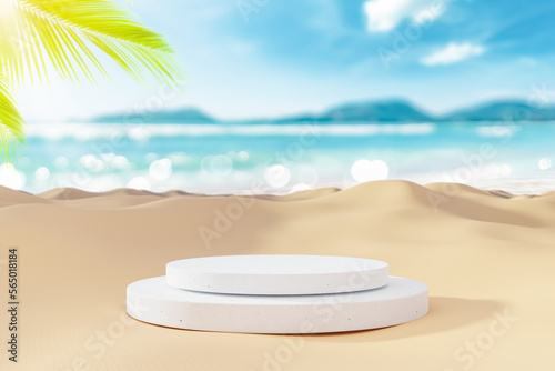 3d podium with copy space for product display presentation on palm beach abstract background. Tropical summer and vacation concept.
