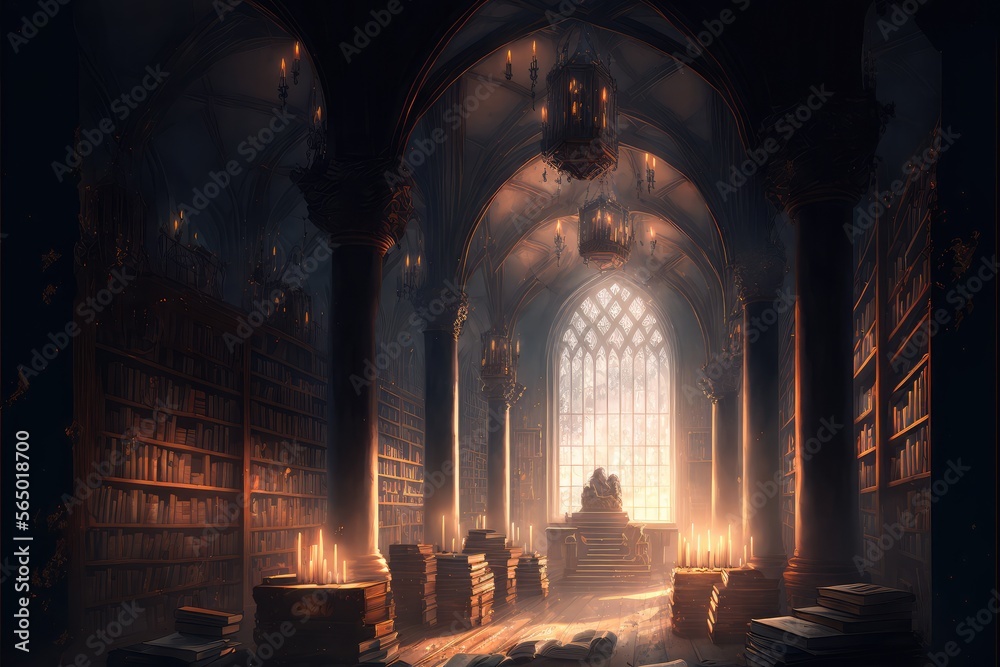 Twilight in gothic library. Fantasy magical scene. Generative ai.