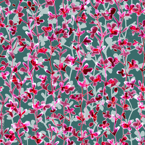 Floral background with cute pink twigs and leaves. Seamless pattern. Design for fabric and wallpaper.