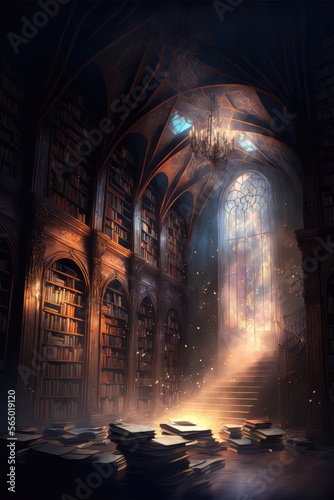 Fantasy gothic library in cathedral. Fantasy magical scene. Generative ai.