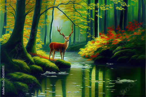 Oil painting art poster, generative Ai of landscape with a deer © peakfinder