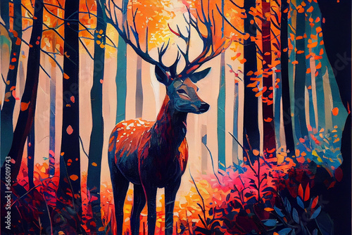 Oil painting art poster, generative Ai of deer in the woods Fototapet