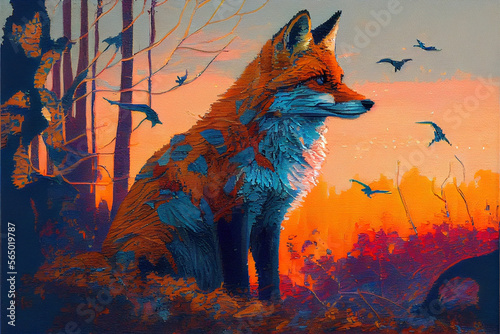 Art painting, poster print, generative Ai, fox in the forest