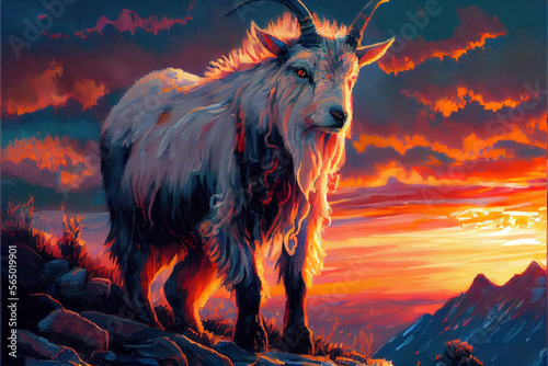 Oil painting art poster, generative Ai of goat in the sunset