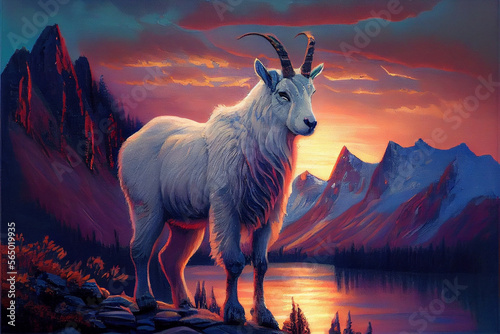Oil painting art poster  generative Ai of goat in the mountains