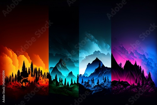 Glowing geometric shape background. Neon light background. Rainbow energy colours background