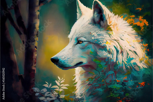 Oil painting art poster, generative Ai of white wolf in the woods