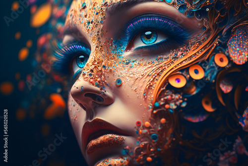 Woman wearing unusual decorative mask. Created with Generative AI technology. © Adrian Grosu