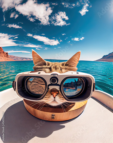 A cat in virtual reality glasses lies on a yacht. Generative AI.