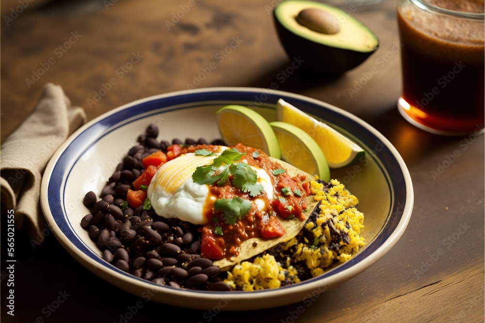 a plate of food with beans, rice, and avocado on a table next to a drink and a napkin on a table. generative ai a plate of food with beans, rice, and avocado on a table next to a drink and a napkin on a table. generative ai
