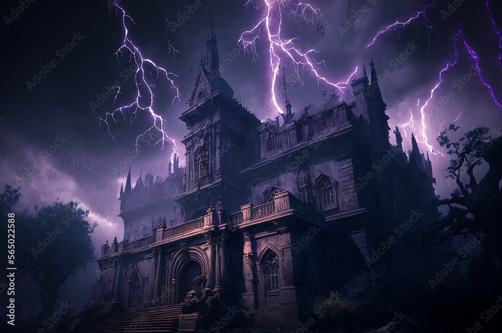 Old scary hounted house illuminated by lightnings. Created with Generative AI technology. - obrazy, fototapety, plakaty 