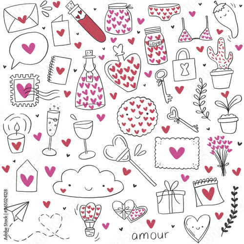 Planche de doodles Saint Valentin, amour, rouge