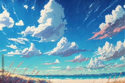 Anime style Cloudscape over a beach, Abstract Art, Digital Illustration, Generative AI