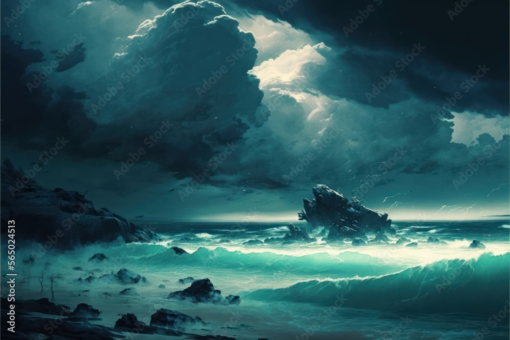 Stormy Beach Background, Crashing Waves, Concept Art, Digital Illustration, Generative AI