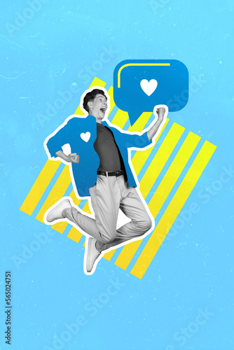 Photo collage of young active jumping air funky guy fists up celebrate peace like symbol chatterbox ukrainian flag isolated on drawing background