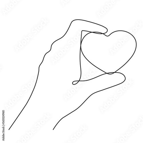 Hand with heart one line art,love concept continuous contour drawing,hand-drawn Valentine's day decoration.Romance, engagement and marriage symbol. Editable stroke.Isolated.Vector illustration