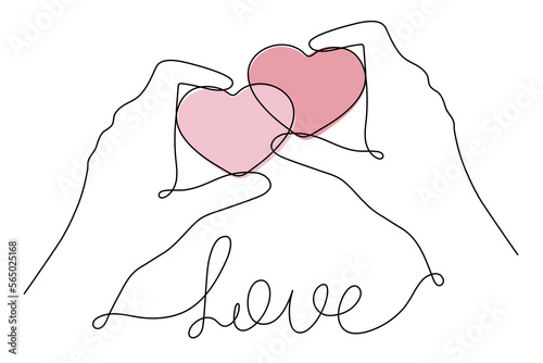 Hands with hearts one line art,love concept continuous contour drawing,hand-drawn Valentine's day decoration.Romance, engagement and marriage symbol. Editable stroke.Isolated.Vector illustration