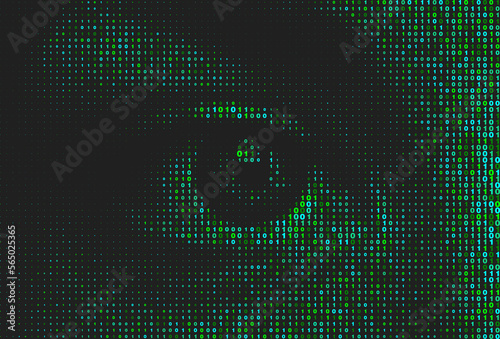Vector halftone eye background made by letters. Artificial intelligence technology futuristic background. Green binary coding letters on black .