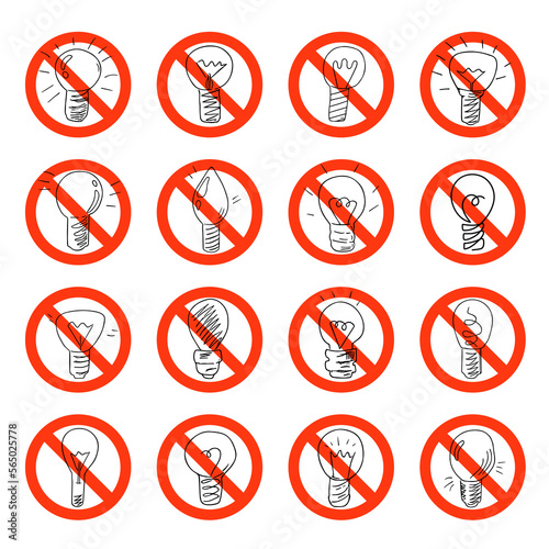 Lightbulbs in prohibition sign set, no electricity symbol. Power outage or blackout, forbidding symbol.Lamp doodle sketch style. Isolated. Vector illustration