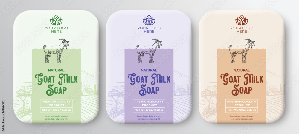 Goat milk soap label design hand drawn goat milk labels and patterns for handmade soap bars, natural soap box mono carton vector illustration design - obrazy, fototapety, plakaty 